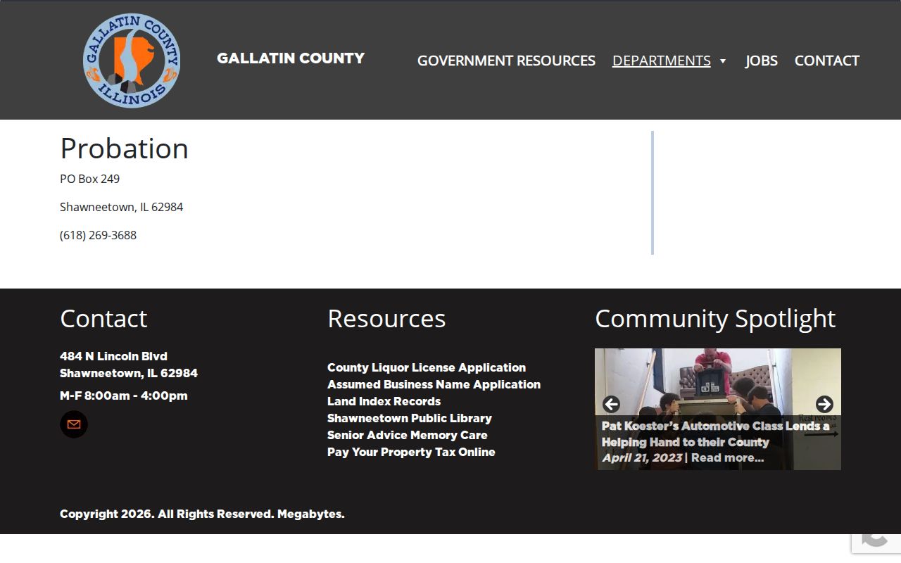 Gallatin County probation office information at the Shawneetown courthouse complex